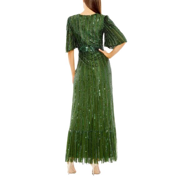 Mac Duggal 23010 Size 8 Green Flutter Sleeve Deep V Ruffle Hem Sequin Gown Dress - Picture 4 of 4